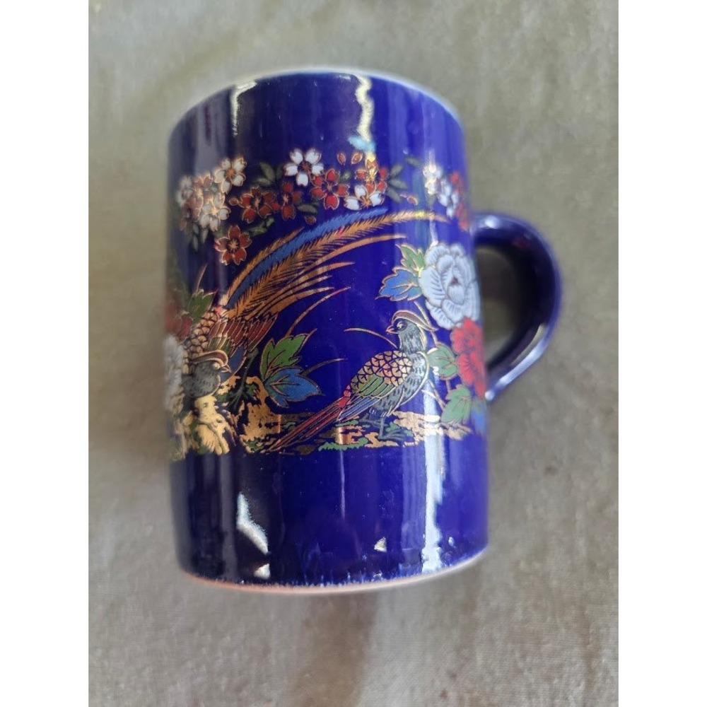 Vintage Cobalt Blue Ceramic Mug Pheasant Floral Chinoiserie Gold Trim 4 Inch